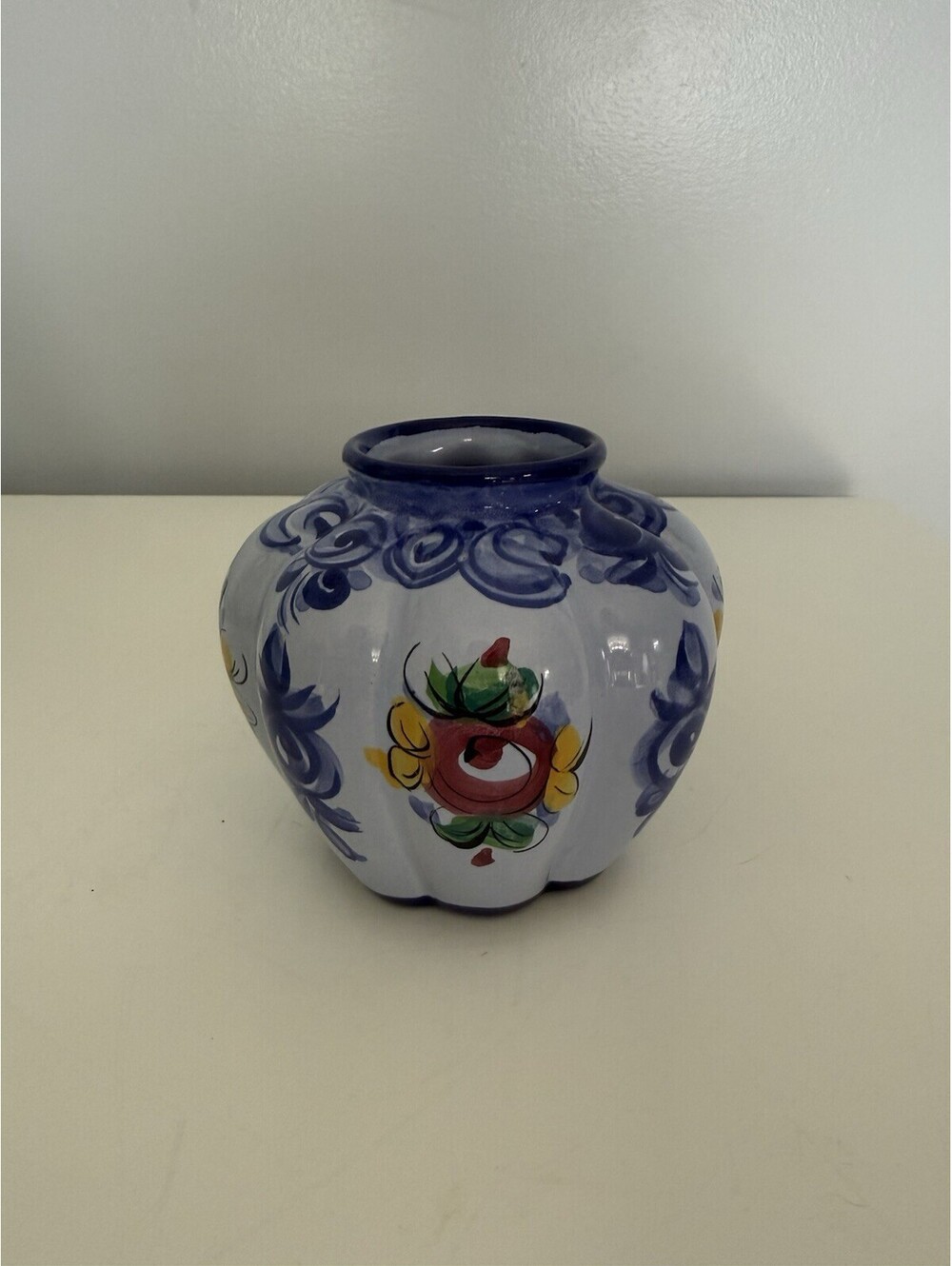 Vintage Small Hand Painted Ceramic Vase Blue w/ Floral Design Numbered Portugal
